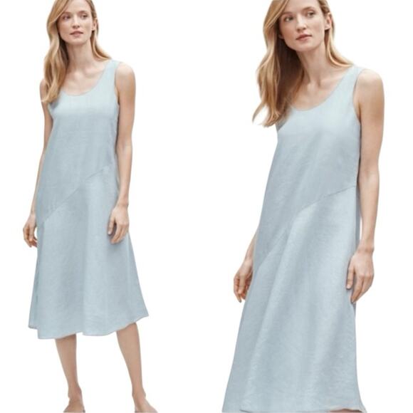 Eileen Fisher Organic Linen Scoop Neck Hanker chief Slip Dress Size large Blue - Picture 1 of 9